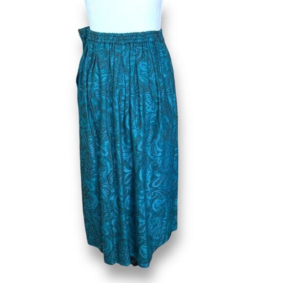 Vintage 90s Pleated Maxi Skirt Turquoise Blue Black Paisley Print Textured 6 - Picture 6 of 9